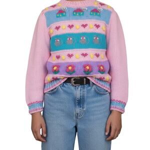 Vintage Popsicle Sweater Youth LARGE Pink Flowers Dots 3D Knit Stripes Puff Slee